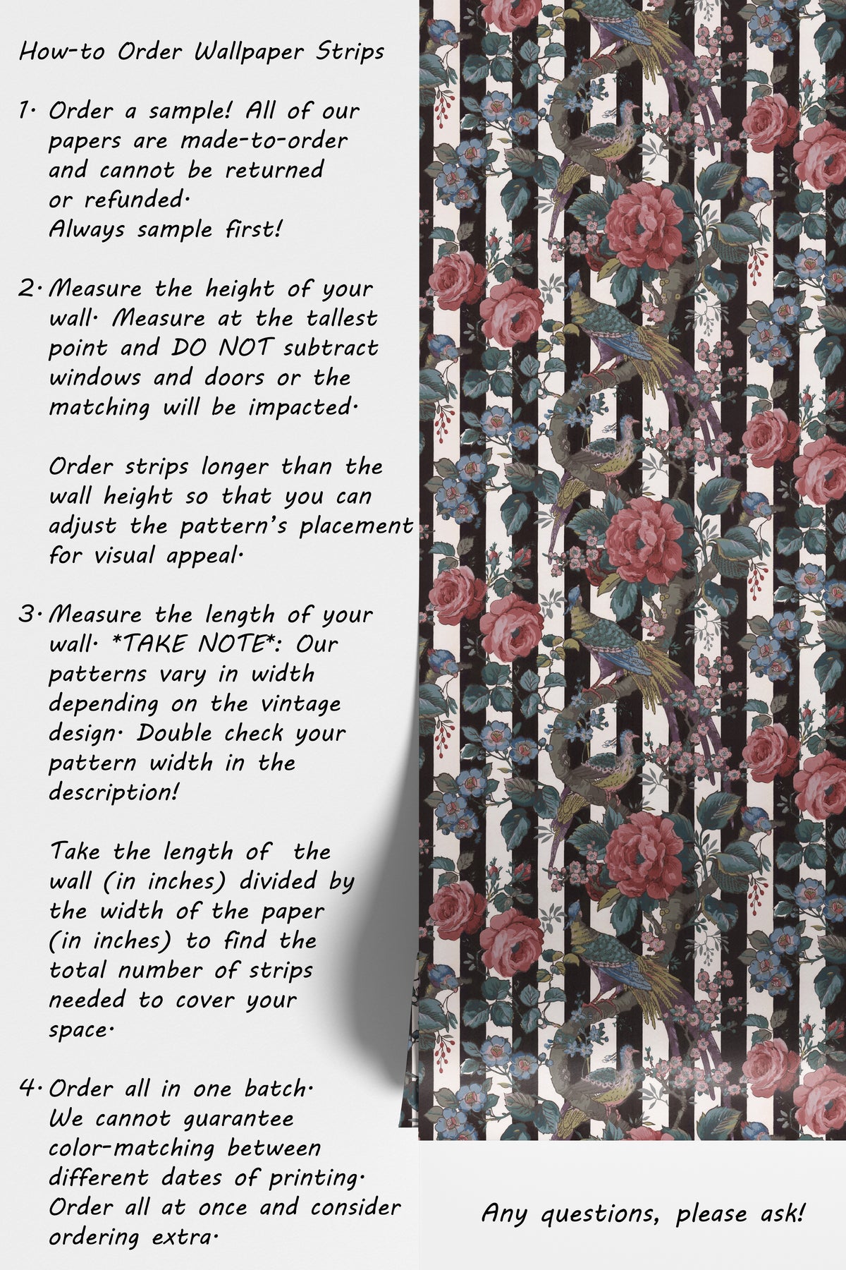 Paloma Antique Floral Birds and Roses on Black Stripes