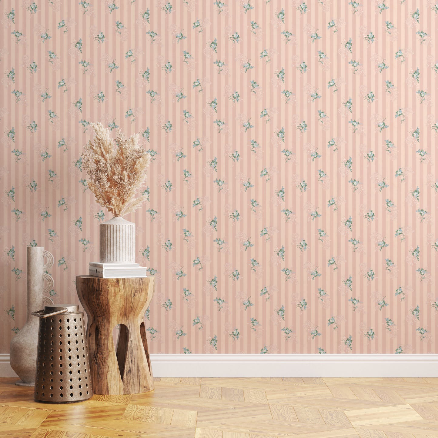 Dori Floral Blue Roses on Pink Stripe