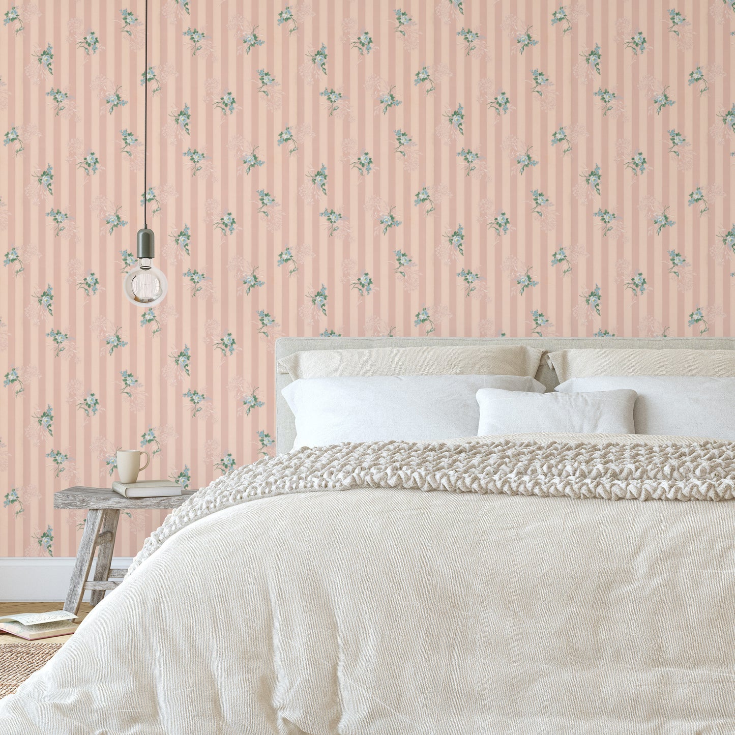 Dori Floral Blue Roses on Pink Stripe