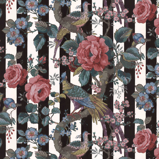 Paloma Antique Floral Birds and Roses on Black Stripes