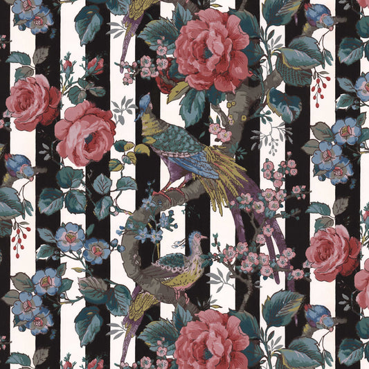 Paloma Antique Floral Birds and Roses on Black Stripes