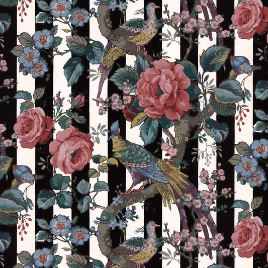 Paloma Antique Floral Birds and Roses on Black Stripes