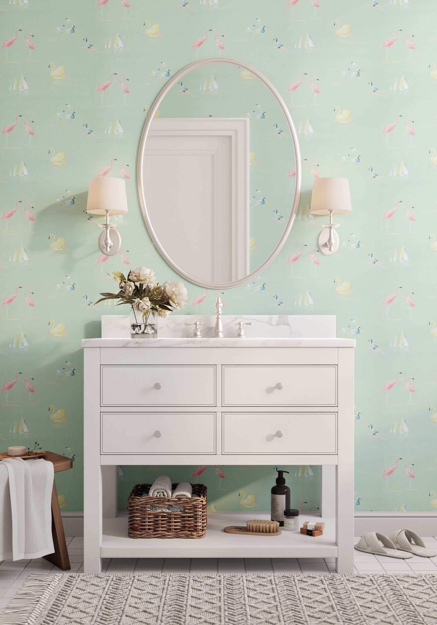 Flamingo and Swans Midcentury Bathroom