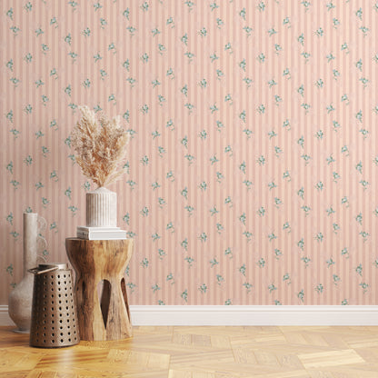 Dori Floral Blue Roses on Pink Stripe