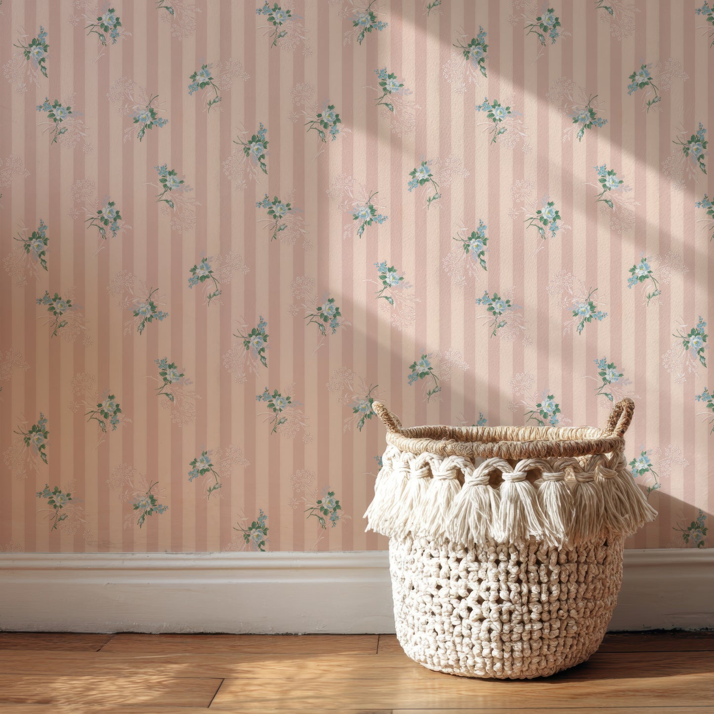 Dori Floral Blue Roses on Pink Stripe